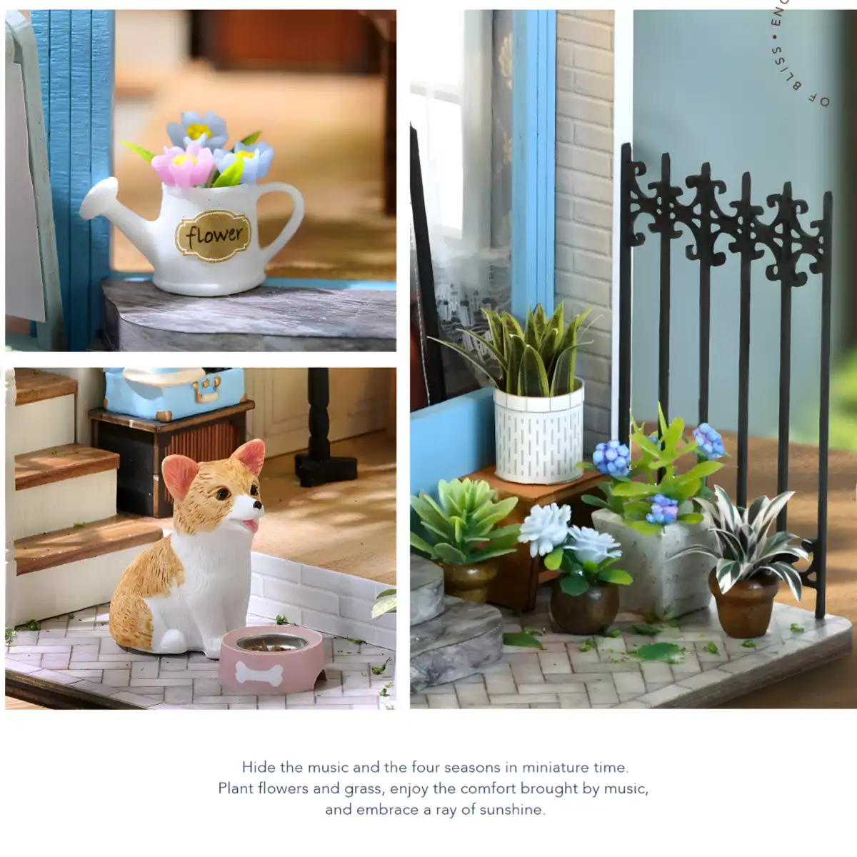 DIY miniature dollhouse kit, corgi, watering can, potted plants.