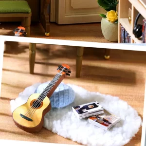 DIY miniature dollhouse kit guitar, rug, whimsical details.