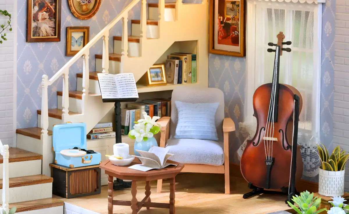 Music-themed miniature, vintage piano dollhouse, living room scene.