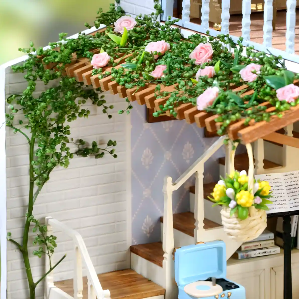 Garden Music House Dollhouse, pink rose pergola, garden house miniature with climbing vines.