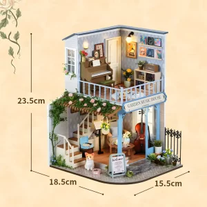 DIY miniature project size, dollhouse kit dimensions labeled.