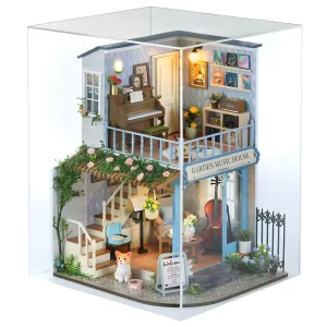 DIY miniature dollhouse kit with dust cover, artistic dollhouse display.