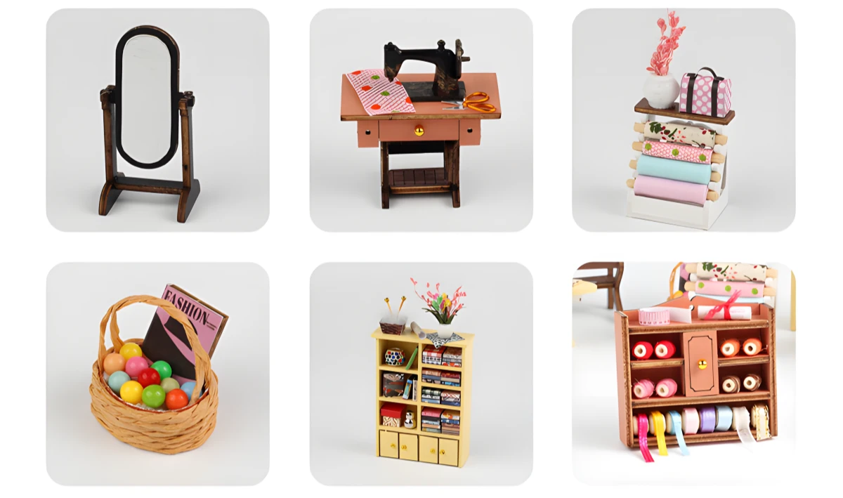 Miniature dollhouse parts, vintage sewing machine, handmade fabrics, DIY craft kit.