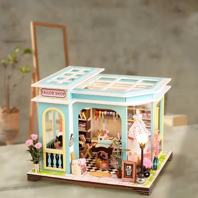 Assembled Tailor Shop dollhouse, a complete miniature world, poetic and handmade.