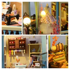 Miniature tailor shop dollhouse, vintage sewing machine, cozy display, slow-living DIY craft details.