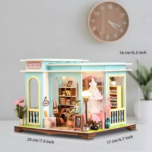Tailor shop dollhouse dimensions, miniature world DIY kit size, compact and handmade.