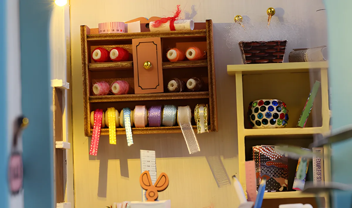 Cozy Miniature Tailor Shop dollhouse interior, poetic ribbons and fabrics, warm lighting.