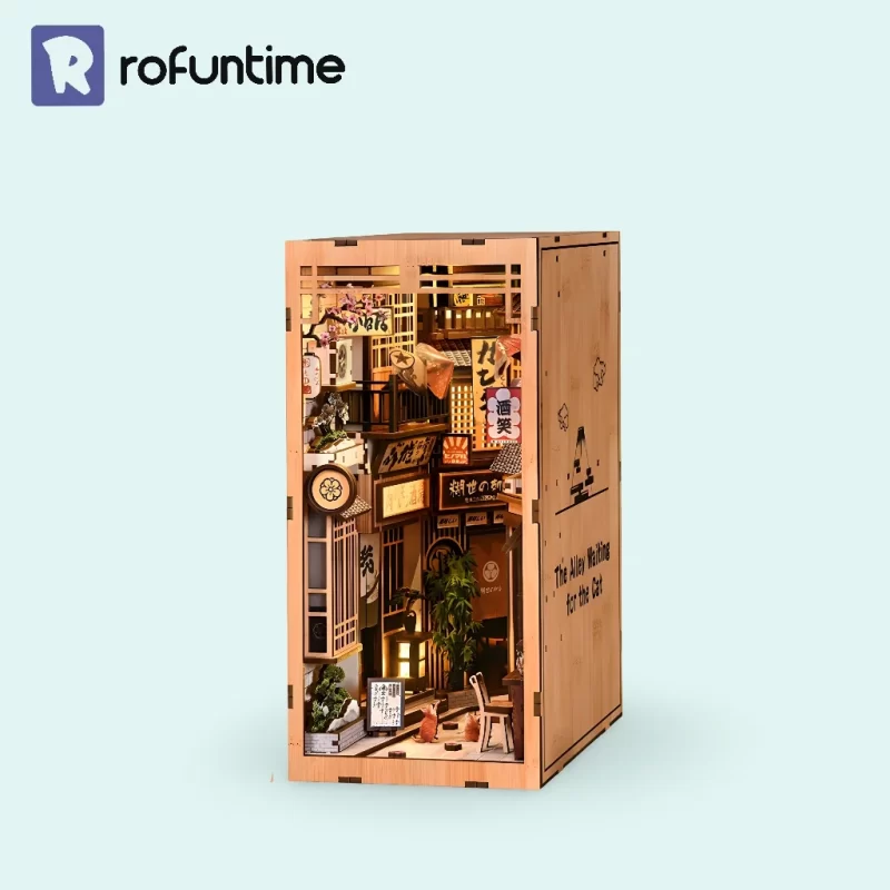 Assembled the Rofuntime The Alley Waiting for the Cat book nook kit with warm lights.