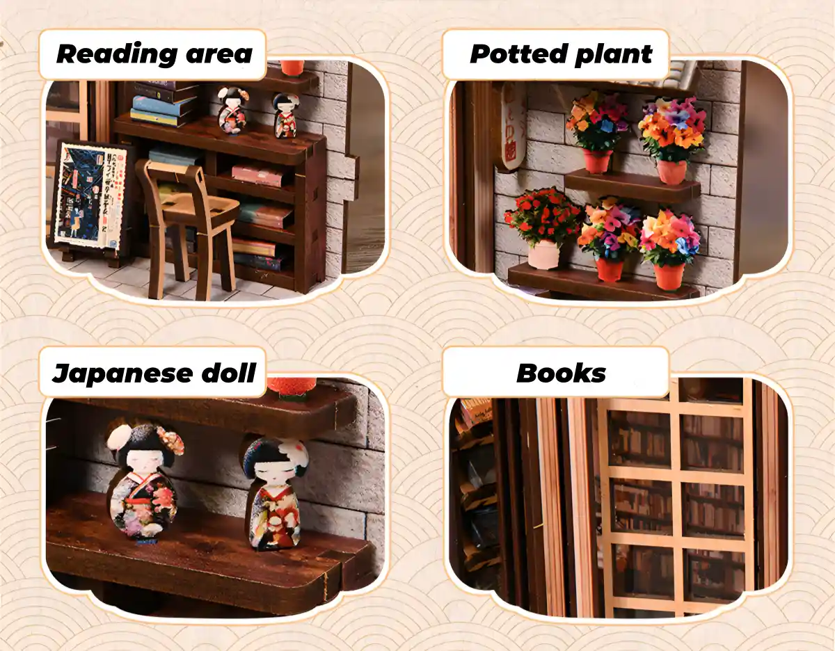 Details of The Alley Waiting for the Cat miniature: books, dolls, plants.