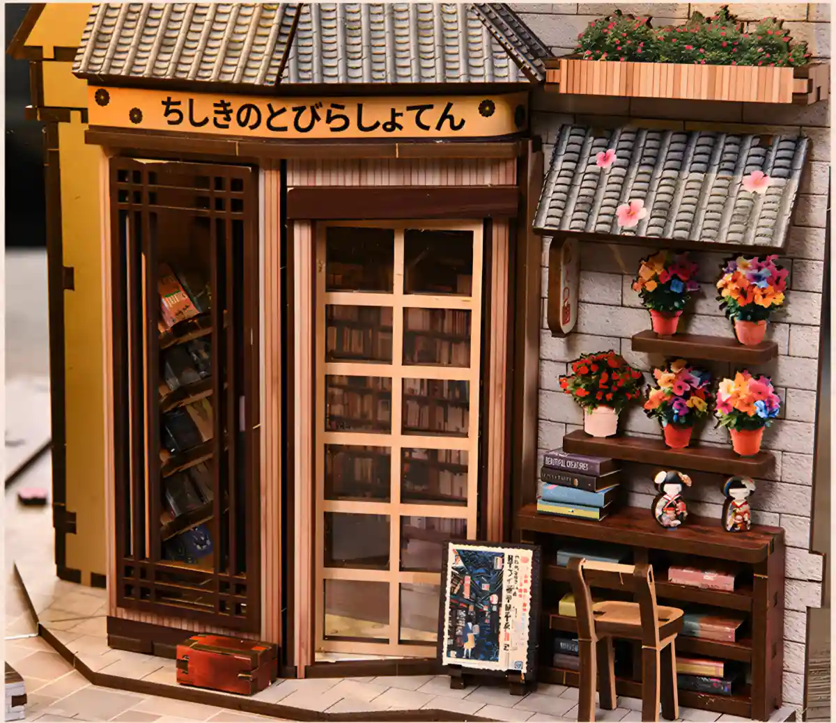 Handmade bookshelf insert featuring a detailed bookstore entrance.