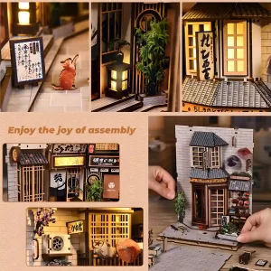 Detailed collage of a nostalgic Japanese street miniature book nook.