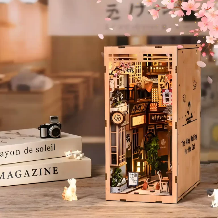 Cat-themed DIY book nook displayed on a desk with books.