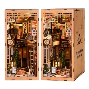 Front and side views of the handmade bookshelf insert book nook.