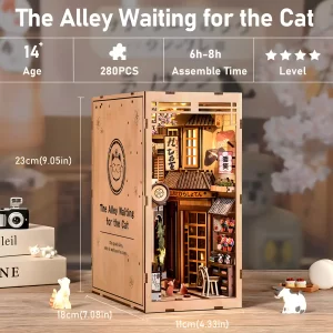 Dimensions and size specifications for The Alley Waiting for the Cat book nook.