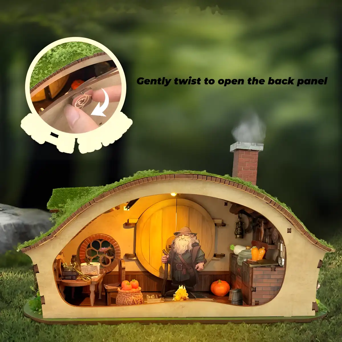 DIY Miniature House, The Magic Ring House with back panel open revealing interior.
