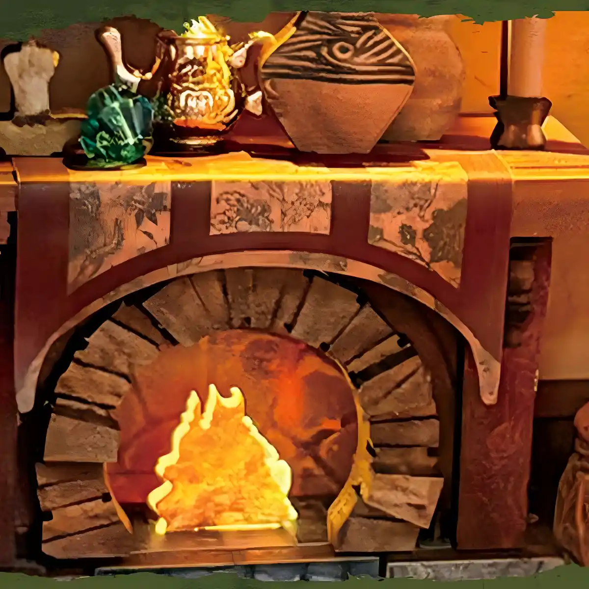 The Magic Ring House Miniature House fireplace scene, detailed bricks and glowing flames.