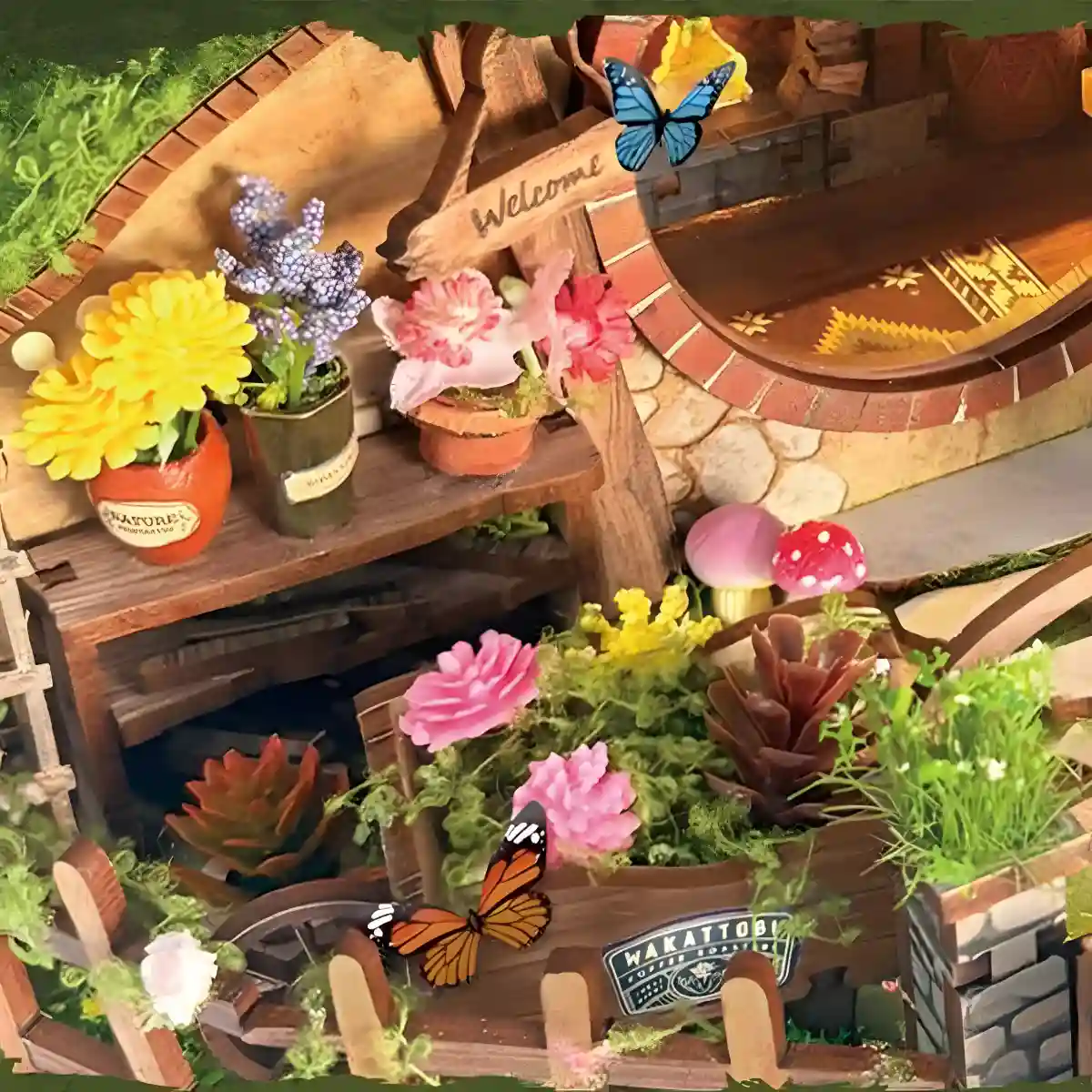 The Magic Ring House garden, colorful flowers, wooden fence, tiny butterflies.