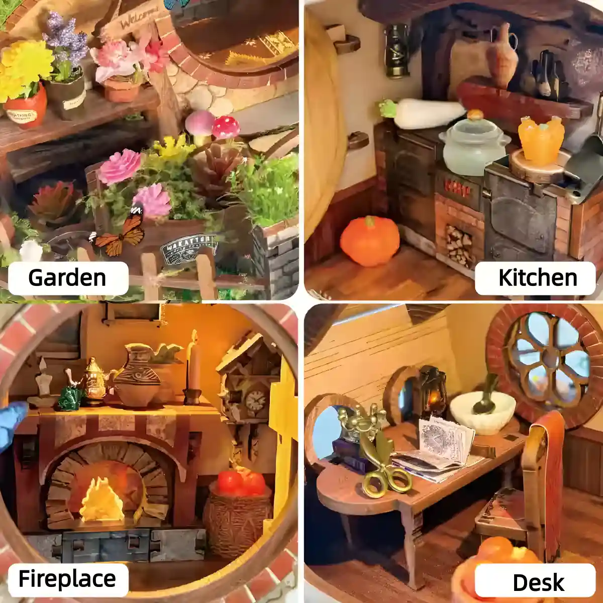 The Magic Ring House, DIY miniature house details, fireplace, kitchen, garden, and desk.