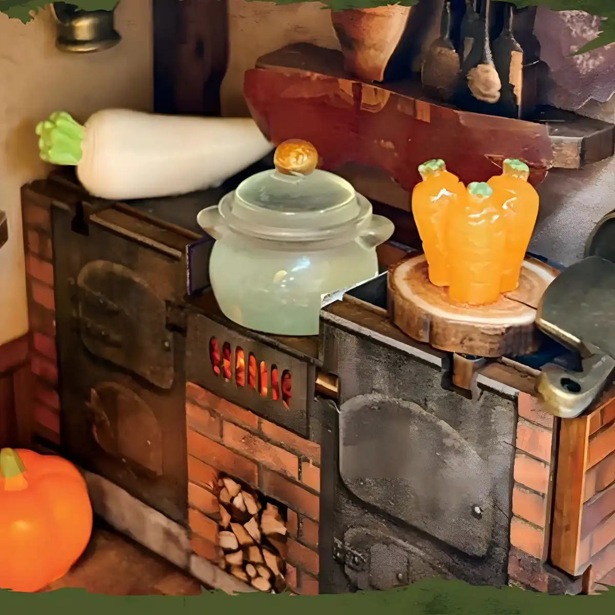 Rustic kitchen scene inside The Magic Ring House Miniature House, detailed stove and tiny vegetables.