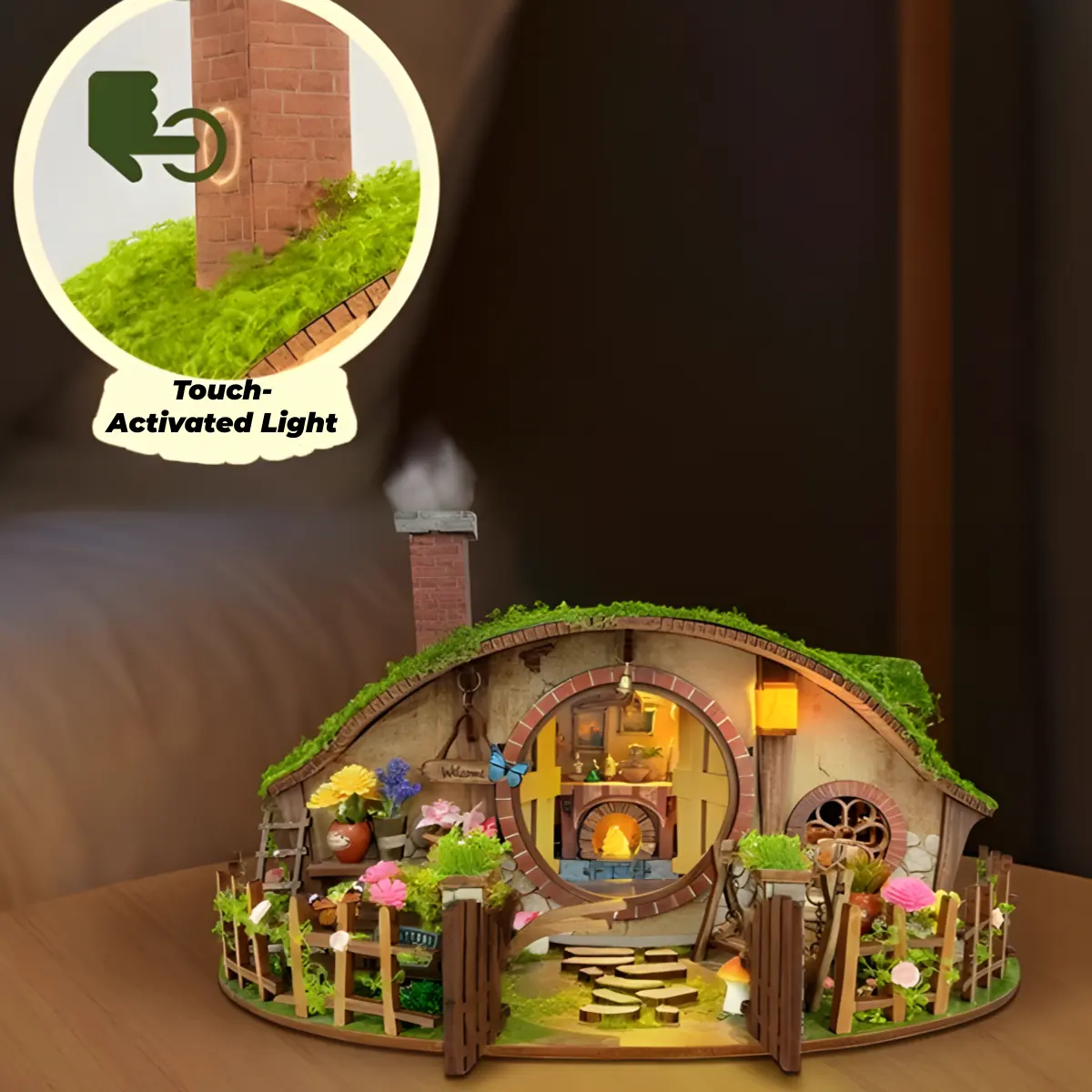 The Magic Ring House DIY Miniature House, Hobbit cottage, touch-activated LED light feature.
