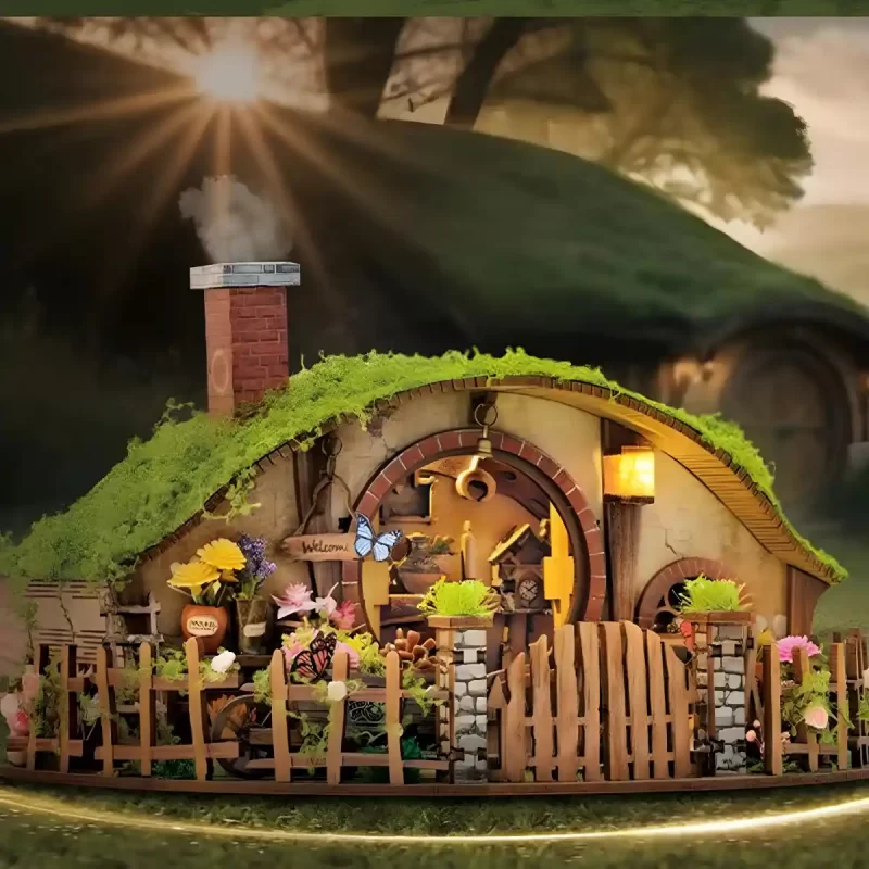 Assembled The Magic Ring House Miniature House against a fantasy forest background.