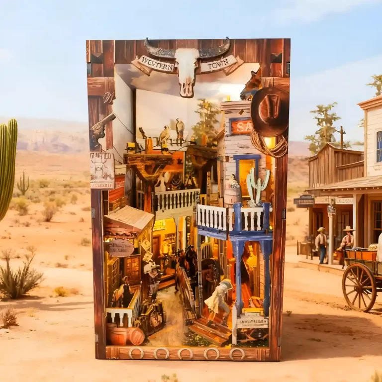 The Western Town Book Nook placed in a realistic wild west desert diorama setting.