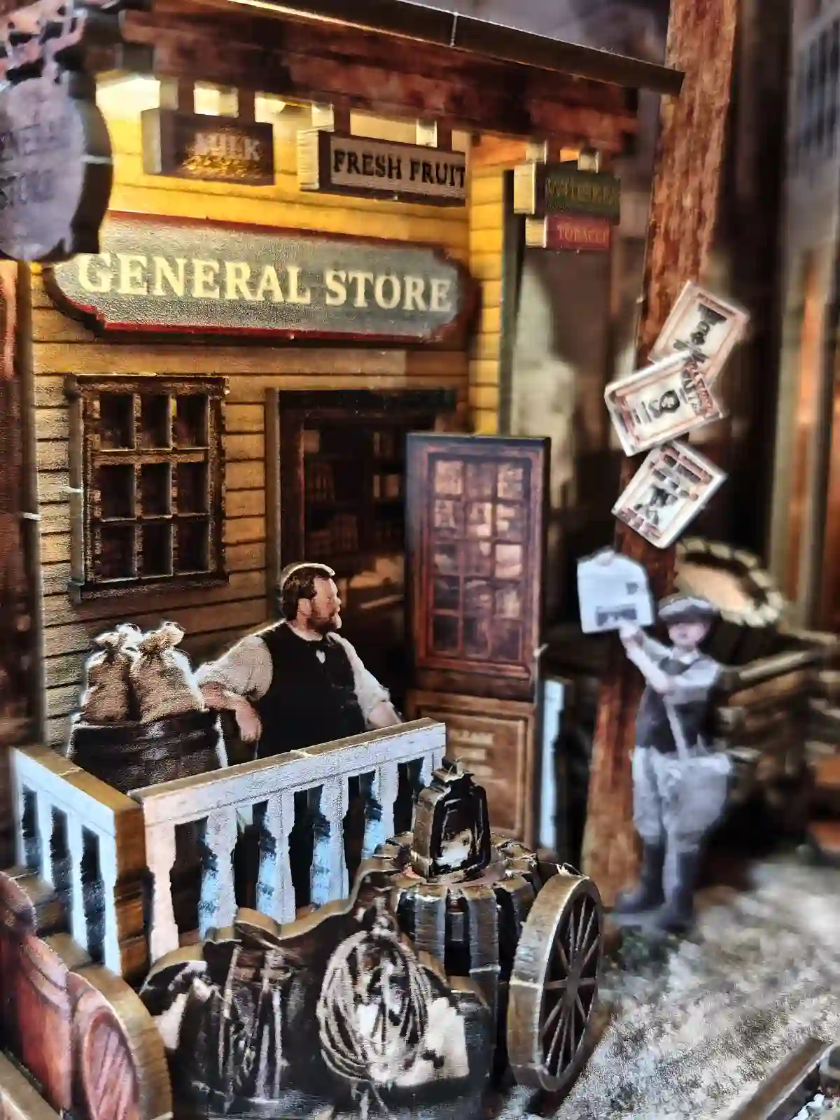 A detailed scene of the General Store in the DIY western town miniature kit.