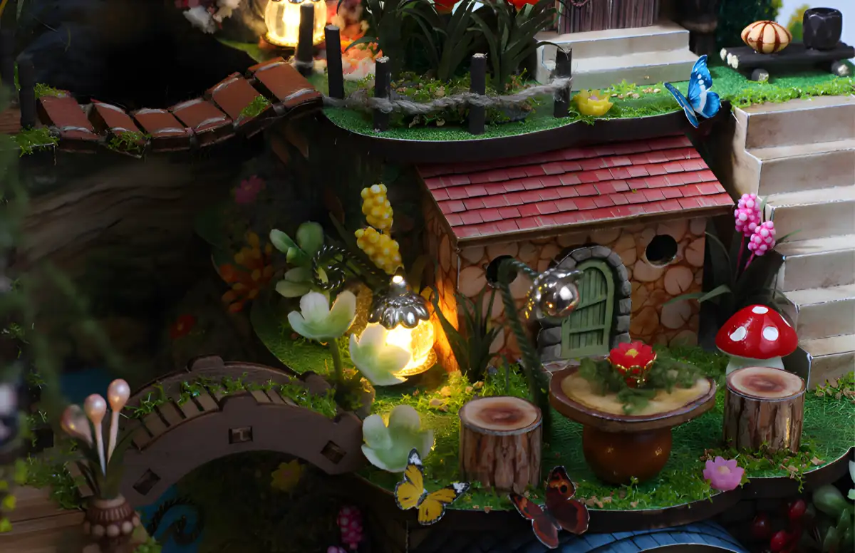 Detailed shot of the miniature bridge within the immersive display scene.