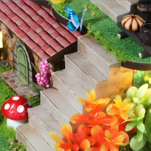 Close-up of miniature stairs, a key feature of the woodland décor scene.