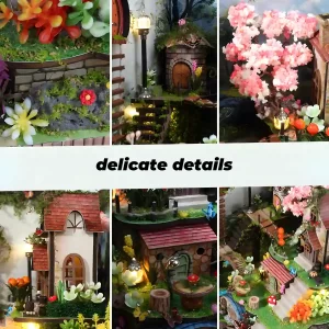 Collage of delicate details from the Whispering Woods Dollhouse, highlighting craftsmanship.