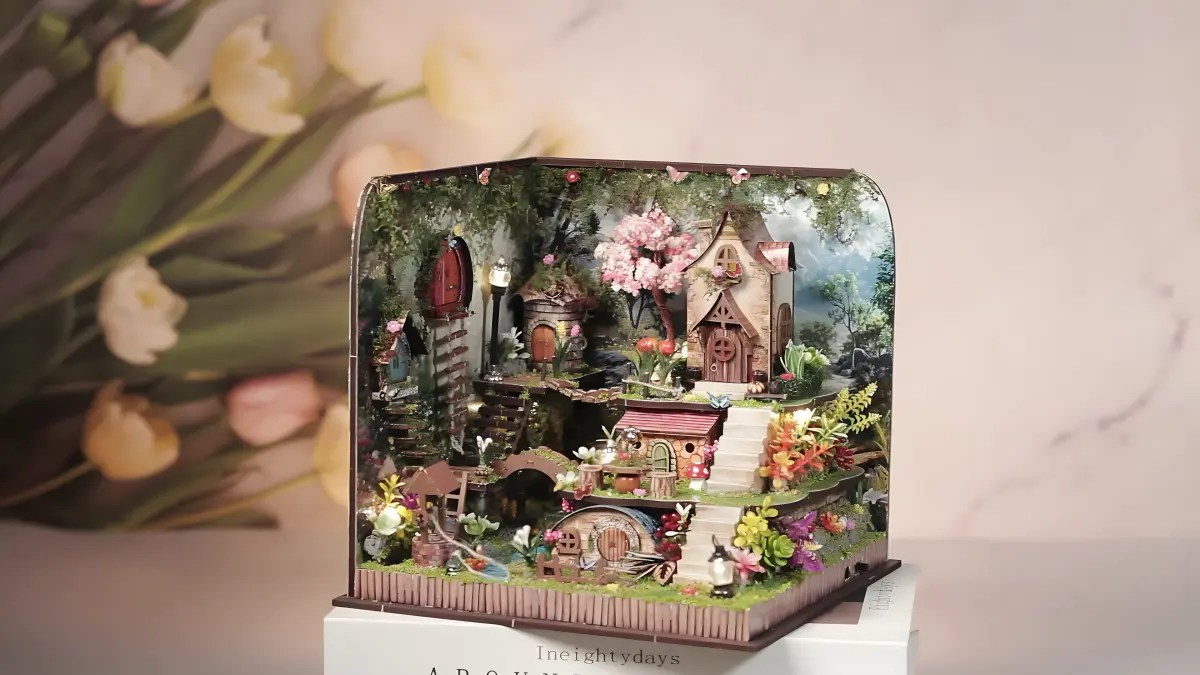 Front view of decorative dollhouse, a charming woodland décor project.