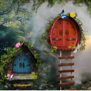 Two doors in a DIY miniature dollhouse kit, with rustic ladders and vines.