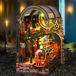Full display of the Zero Platform DIY book nook kit with train and clock.