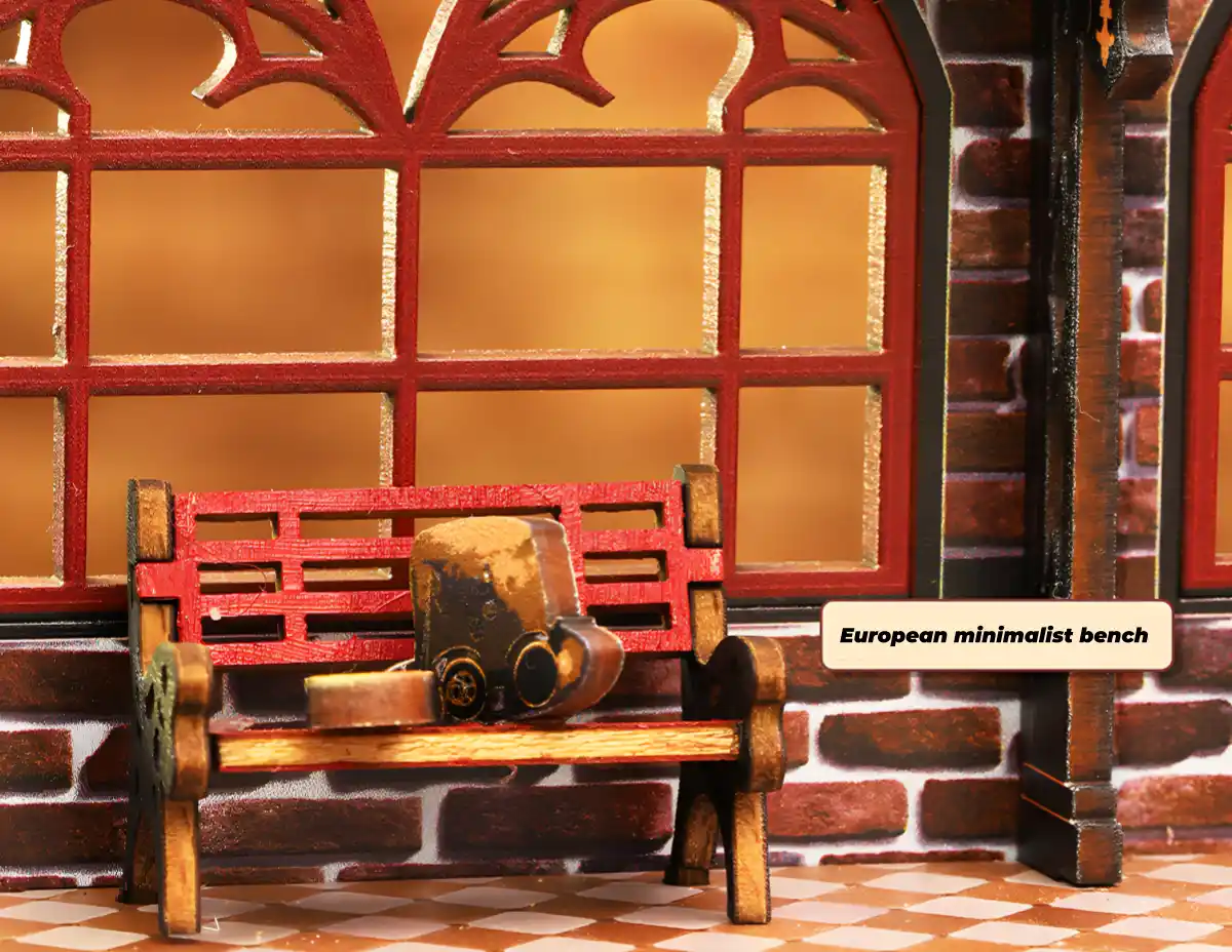 Detailed miniature bench from the Zero Platform book nook.