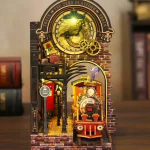 Front view of the Zero Platform book nook and clock.