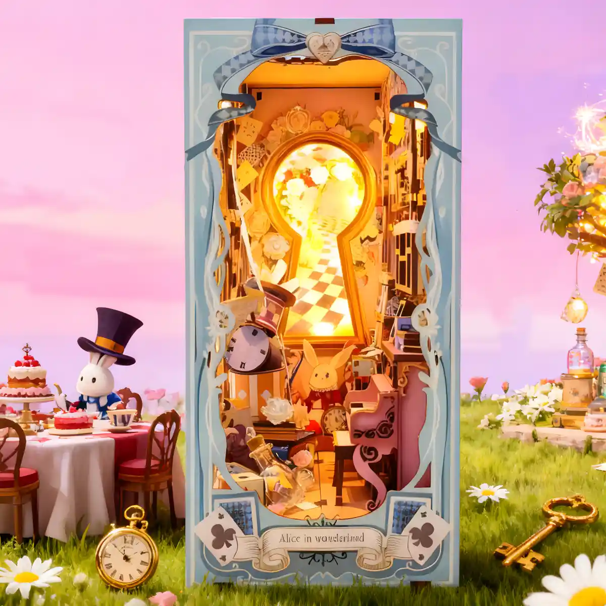 A complete Alice in Wonderland book nook kit, lit from within, set in a dreamy meadow.