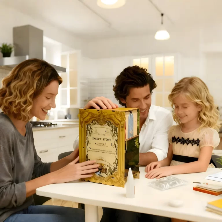 A smiling family engaged in a parent-child DIY craft, building an "Insect Story" family book nook together.