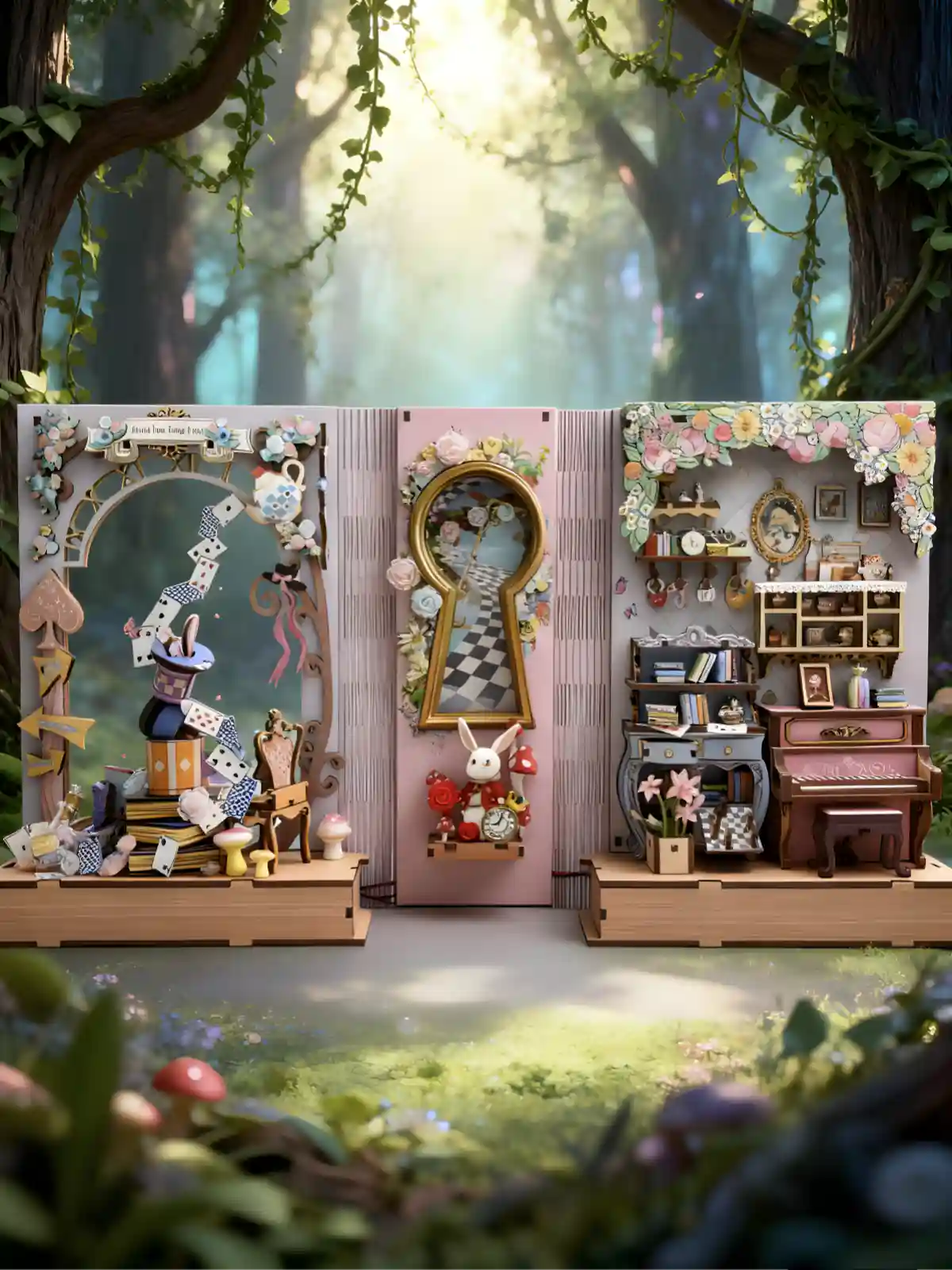 Fully assembled Alice book nook kit displaying three enchanting scenes from the classic fairy tale story.