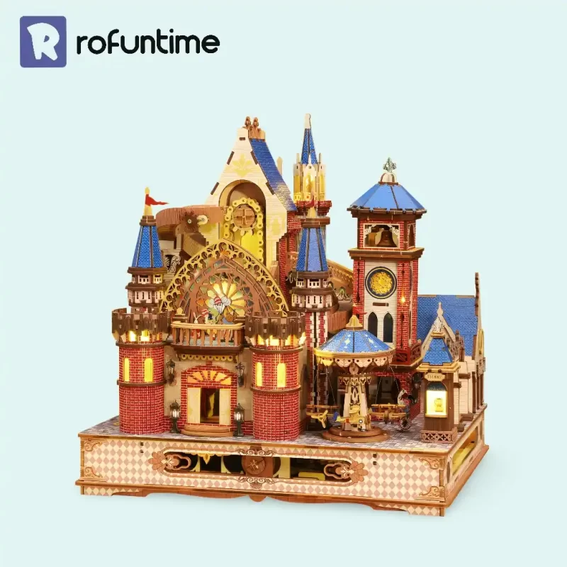 The completed Rofuntime Annecy Castle 3D Wooden Puzzle, a fairy tale mechanical castle model.