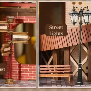 Detailed signpost and street lights accessories for the miniature medieval world puzzle kit.
