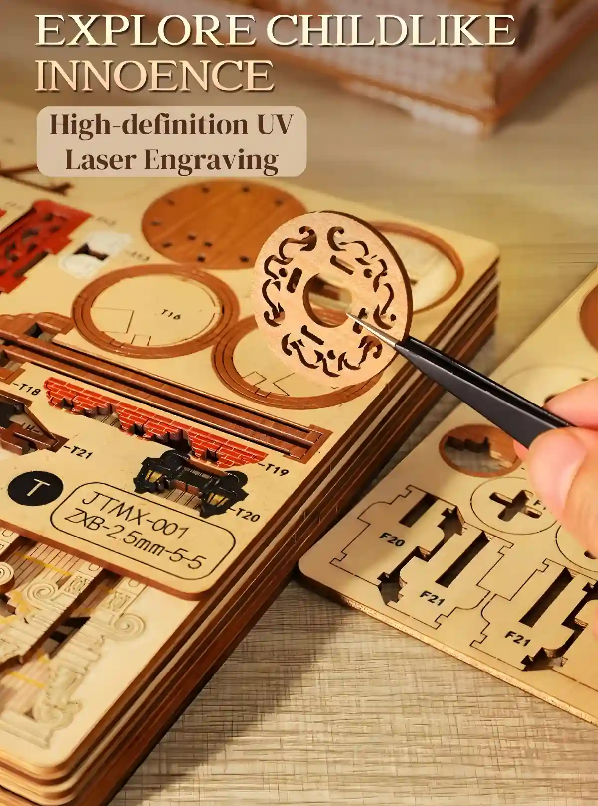 Examining high-definition UV Laser Engraving detail on a piece of the 3D Wooden Puzzle.
