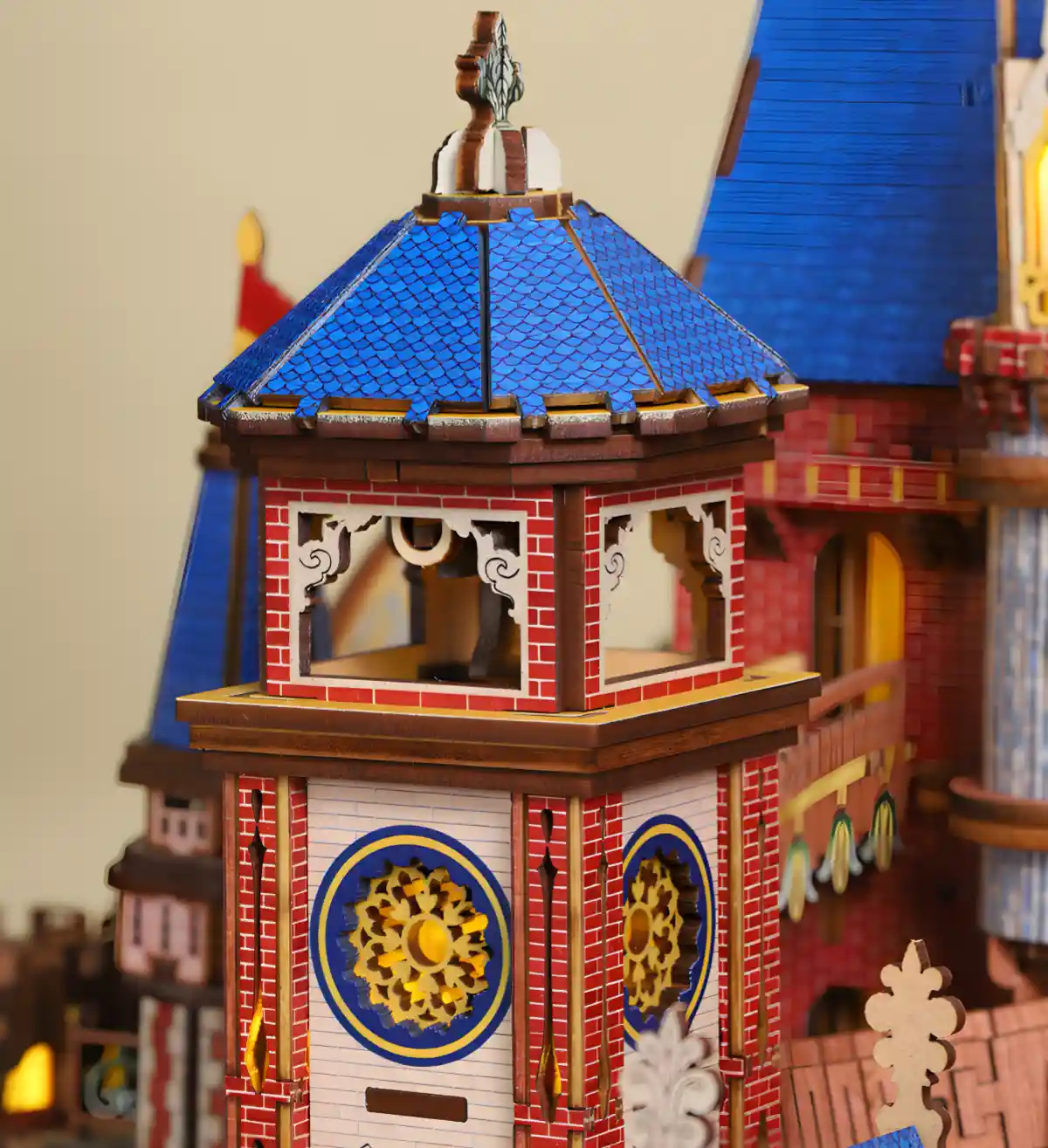 Up-close detail of the blue shingled turret on the Medieval Castle 3D Wooden Puzzle.