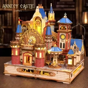 The finished Annecy Castle 3D Wooden Puzzle displayed as a decorative piece in a room.