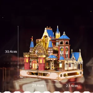 The fully assembled Annecy Castle 3D Wooden Puzzle with dimensions shown; a large medieval castle model.