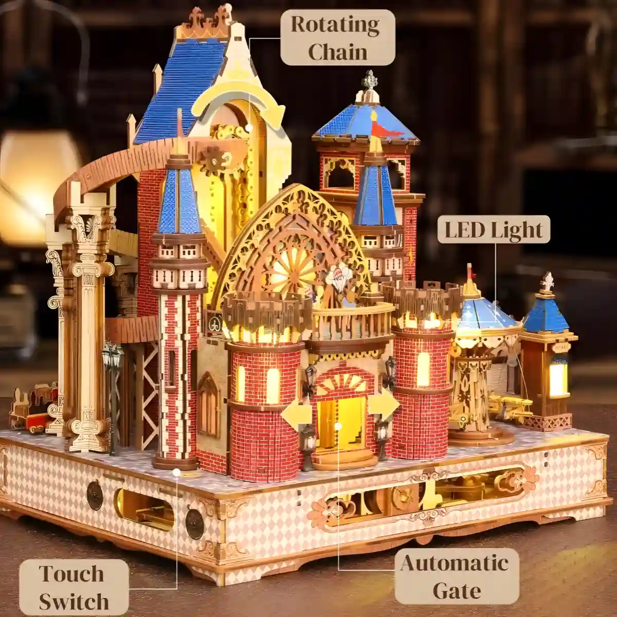 Annecy Castle 3D Wooden Puzzle with LED Light, Rotating Chain, and Automatic Gate activation by a Touch Switch.