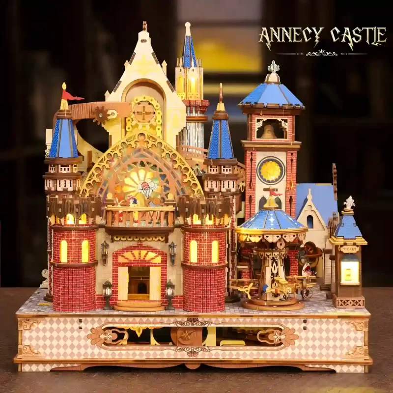 The complete front view of the illuminated Annecy Castle 3D Wooden Puzzle fantasy model.