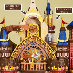 Diagram showing the rotating chain and tower on the Annecy Castle 3D Wooden Puzzle.