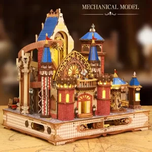 A side display view of the fully assembled Annecy Castle mechanical gear model with lights on.