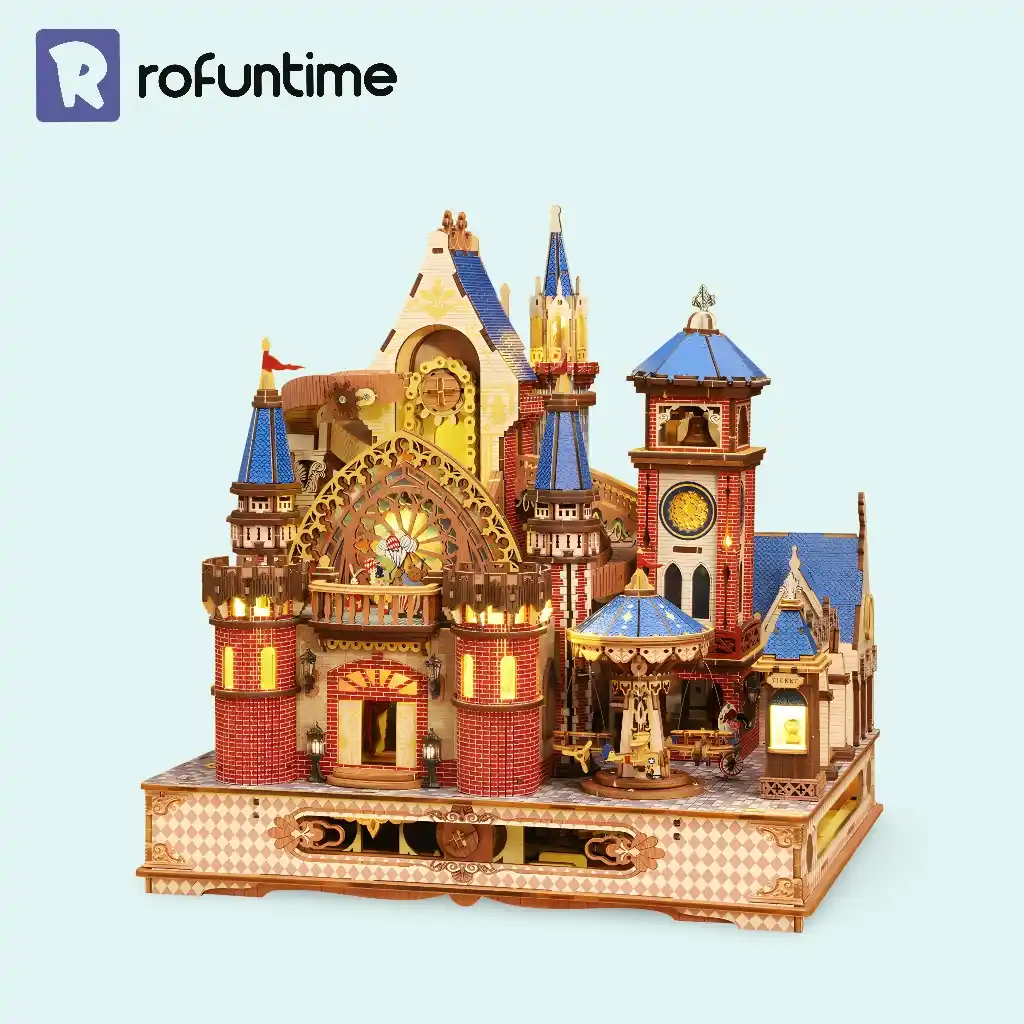 The completed Rofuntime Annecy Castle 3D Wooden Puzzle, a fairy tale mechanical castle model.