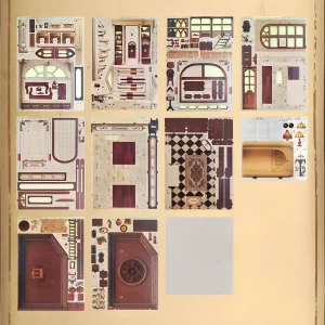 Athena’s Study Miniature House DIY Kit unassembled parts sheets for walls, floors, and DIY Miniature House accessories.